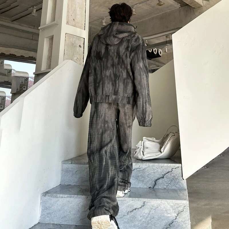 Autumn Tie-Dyed Design Fashion High Street Hooded Jacket Loose Casual Pants Men's Trendy Two-Piece Sets