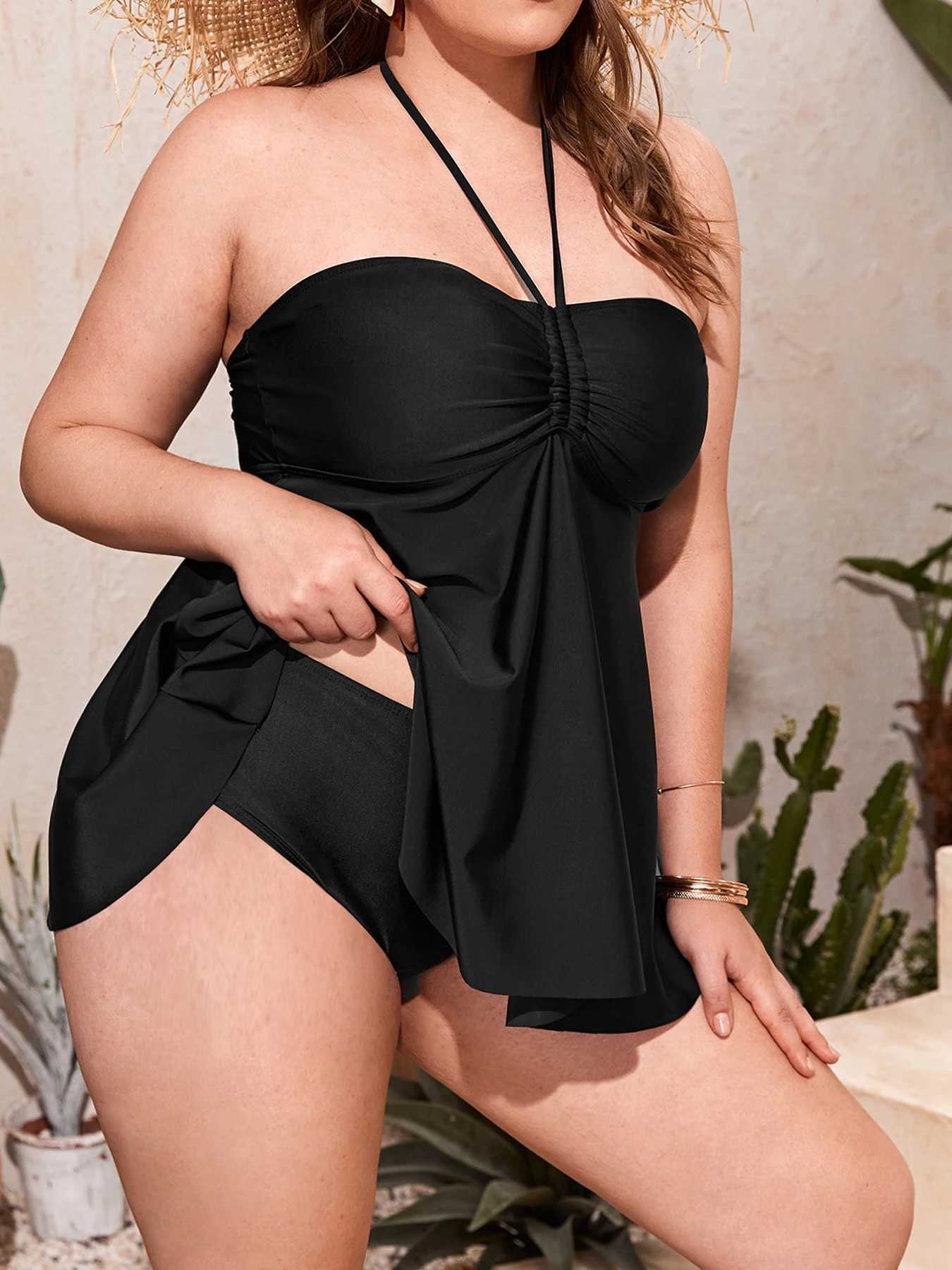 VigoJany 2025 Black Halter Plus Size Tankini Swimwear Women Sexy Large Dr Bathing Suit Ladies Big Chubby Two Piece SwimsuitXJ240108