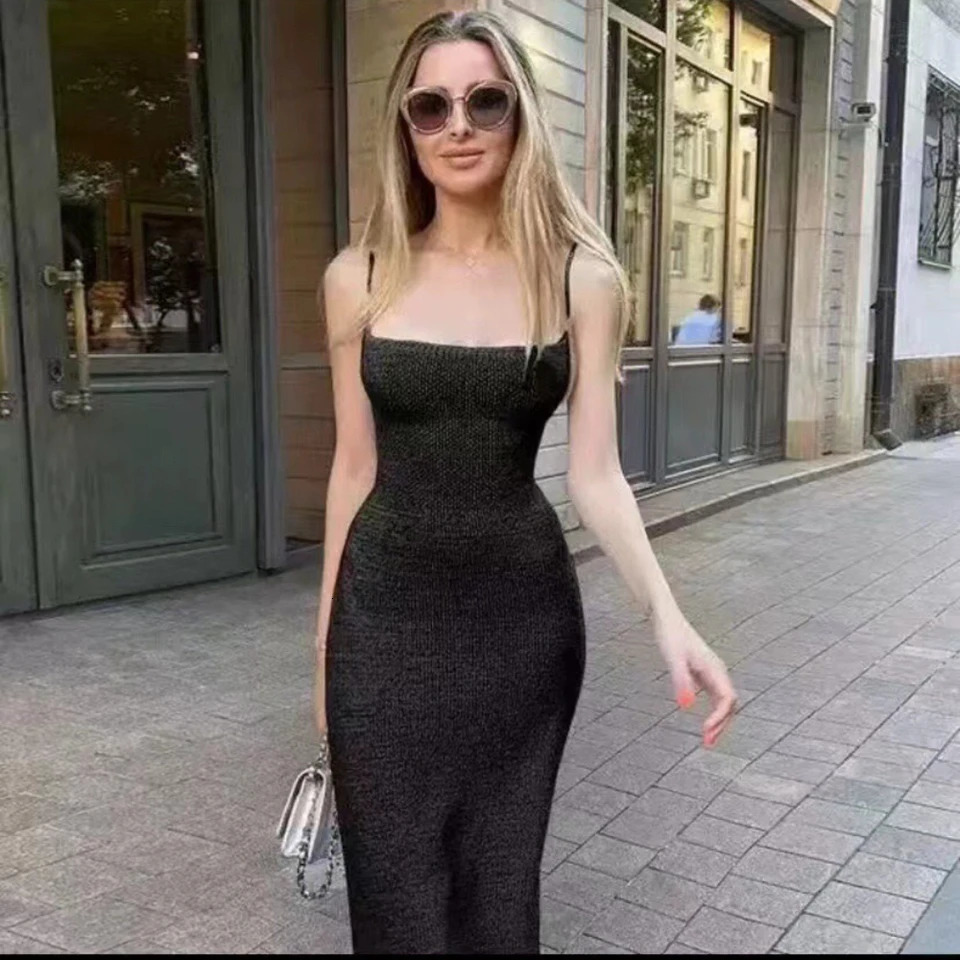 Suspender Knitted Dress Slit Slim Long Dress Fashion Solid Color Casual Street Women Robe 0uting Vacation Wear 250102
