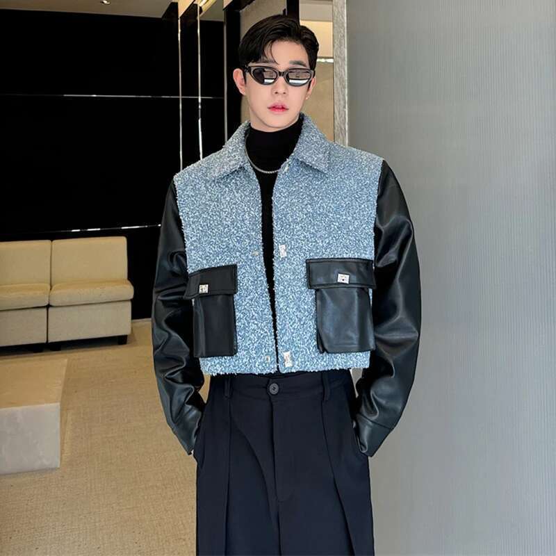 Autumn Fabric Short Fashion Jackets Patchwork Faux Leather Color Contrast Trendy Casual Outerwear Male Clothes