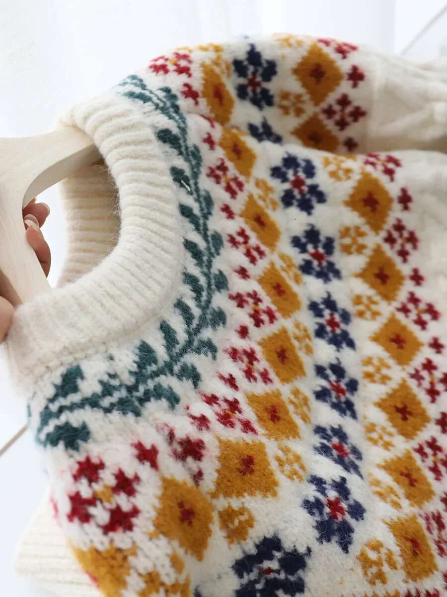 Crew Neck Fair Isle Sweater For Women Loose Vintage Jacquard Knitted Jumper Multi Color Geometric Outdoor Soft Pullovers