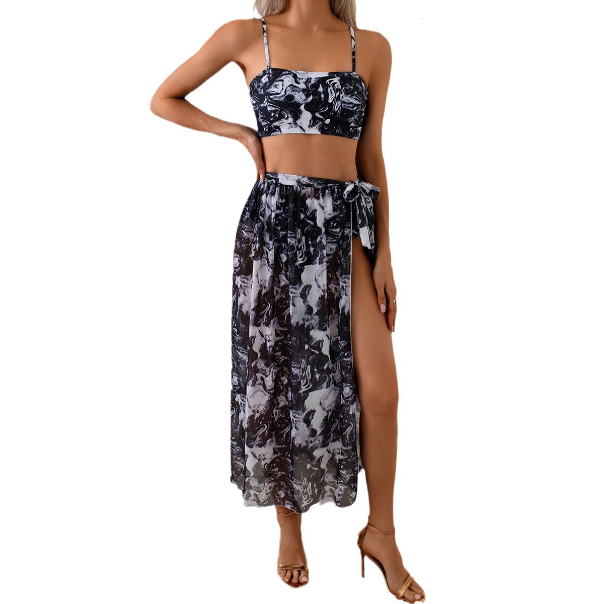 2025 New Three Piece Printed Sexy Mesh Wrap Skirt Beach Bikini Designer Trendy Beach Swimsuit