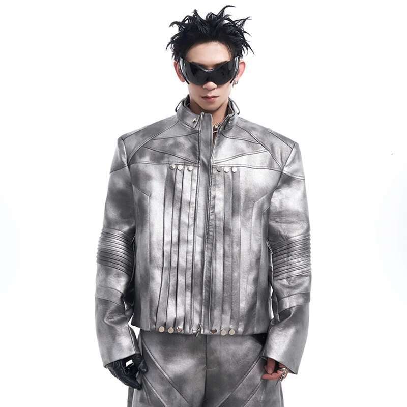 Liquid Design Pleated Leather Jacket Streetwear Elegance Motorcycle Clothing High End Pants Male New