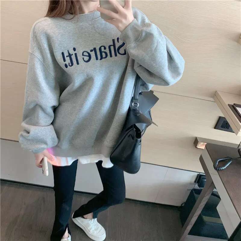 Autumn Winter New Korean Fleece Fake Two Pieces Sweatshirts Ladies Loose All-match Long Sleeve Top Tee Women's Letter Pullovers