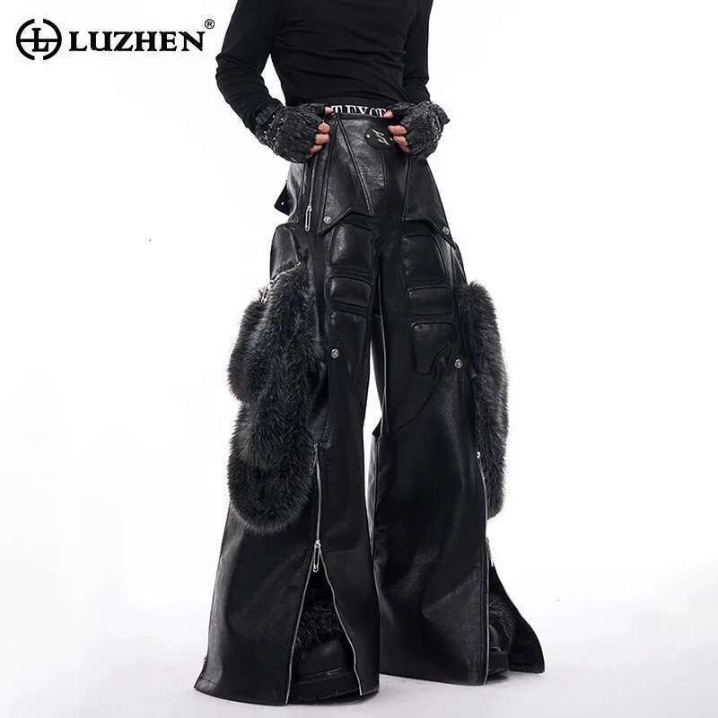Autumn Original Designer New In Faux Leather Trousers Detachable Splicing Imitation Fur Pants High End Street