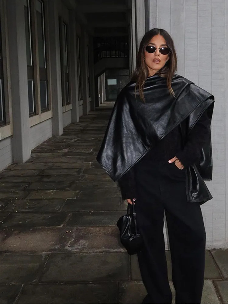 Shawl Cloak Leather Jacket Black Short Trench Coat Scarf Overcoat Niche Temperament Fashion Loose Cape Fall Winter Women 250108