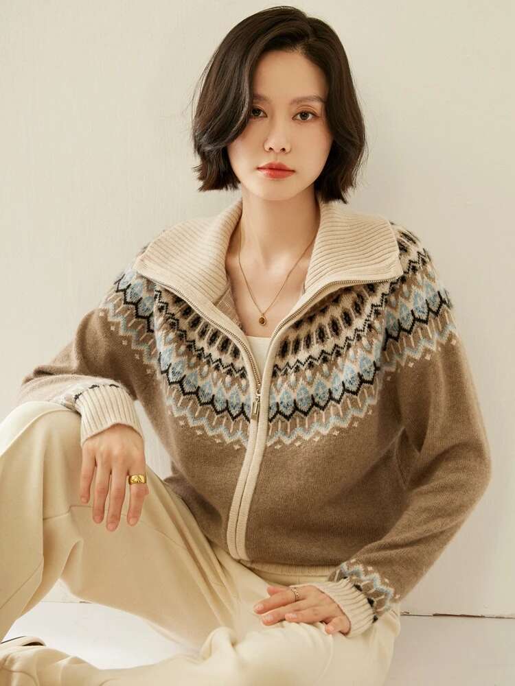 Women Fair Isle Sweater Cardigans Zippers Thick Loose Clothes Autumn Winter 100% Cashmere Knitwear Warm Polo Collar Top