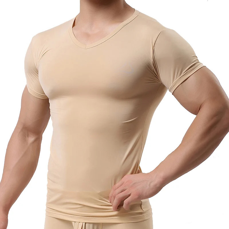 Mens Sexy Ice Silk T Shirts Solid Color Male Vneck Short Sleeves t shirt Tops Plus Size SXXL 250108