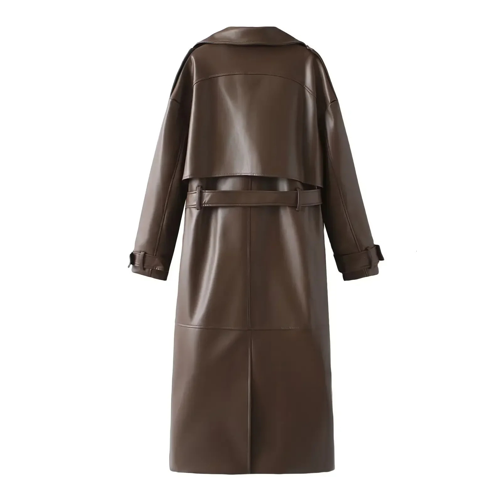 Womens Burgundy Leather Long Coat 2024 Fashion Lapel Vintage Overcoat with Belt Autumn Winter Chic Warm Solid Outerwear 250103