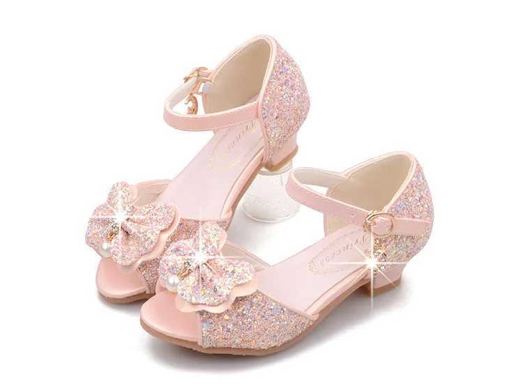 Girl princess shoes shiny childrens high heels white show leather shoes new summer girl bow painting performance sandals W250108