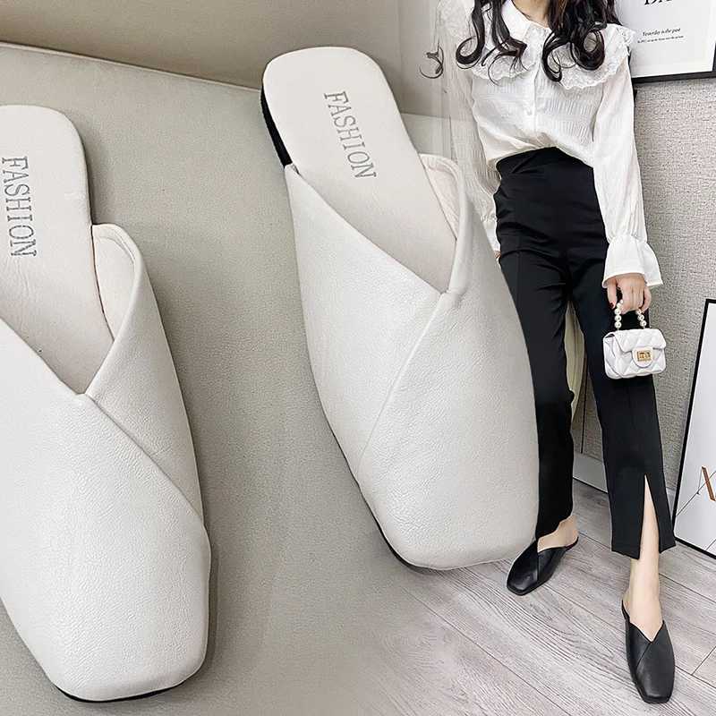 New Arrival Womens mule summer elegant square closed toe flat slider womens shoes casual leather black and white slider Plus size 35-43 T250108