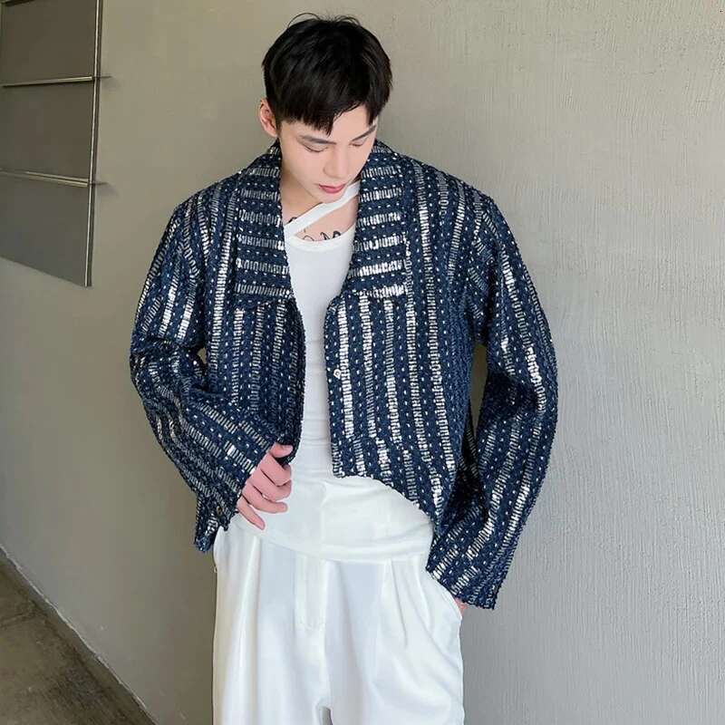Denim Sequin Jacket Men's Short Coat Top Male Cardigan Fashion Long Sleeve Lapel Temperament Outerwear