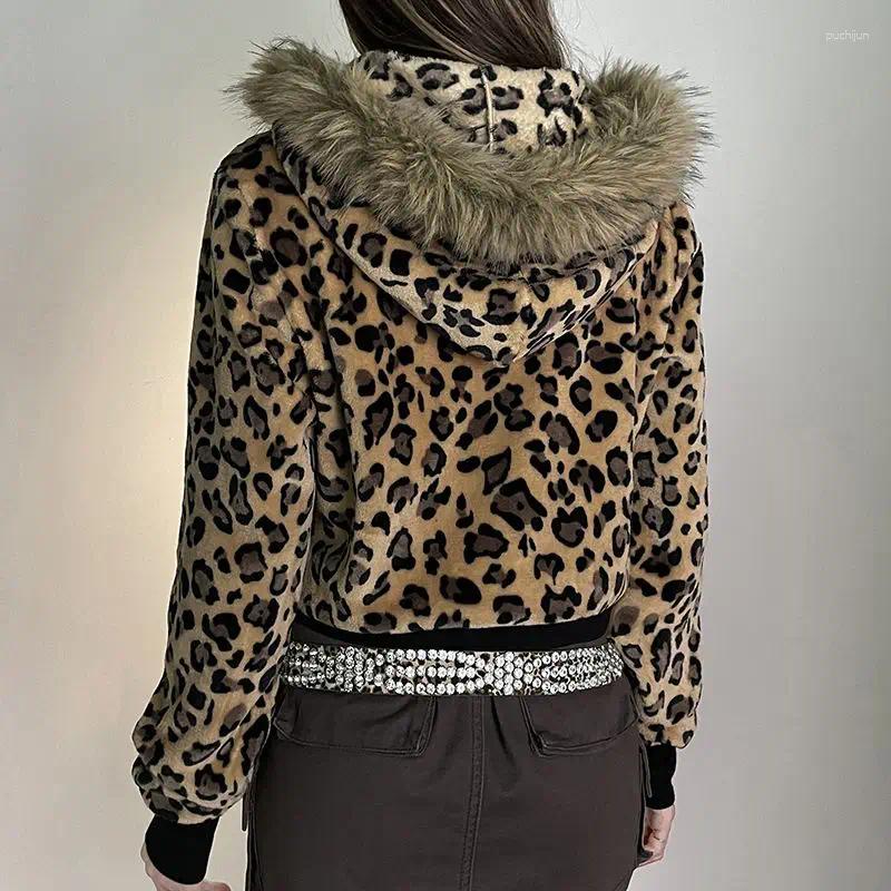 Women's Jackets Y2k Autumn Winter American Style Vintage Women High Street Jacket Hooded Fur Collar LEOPARD Chaquetas Zipper Design Sense