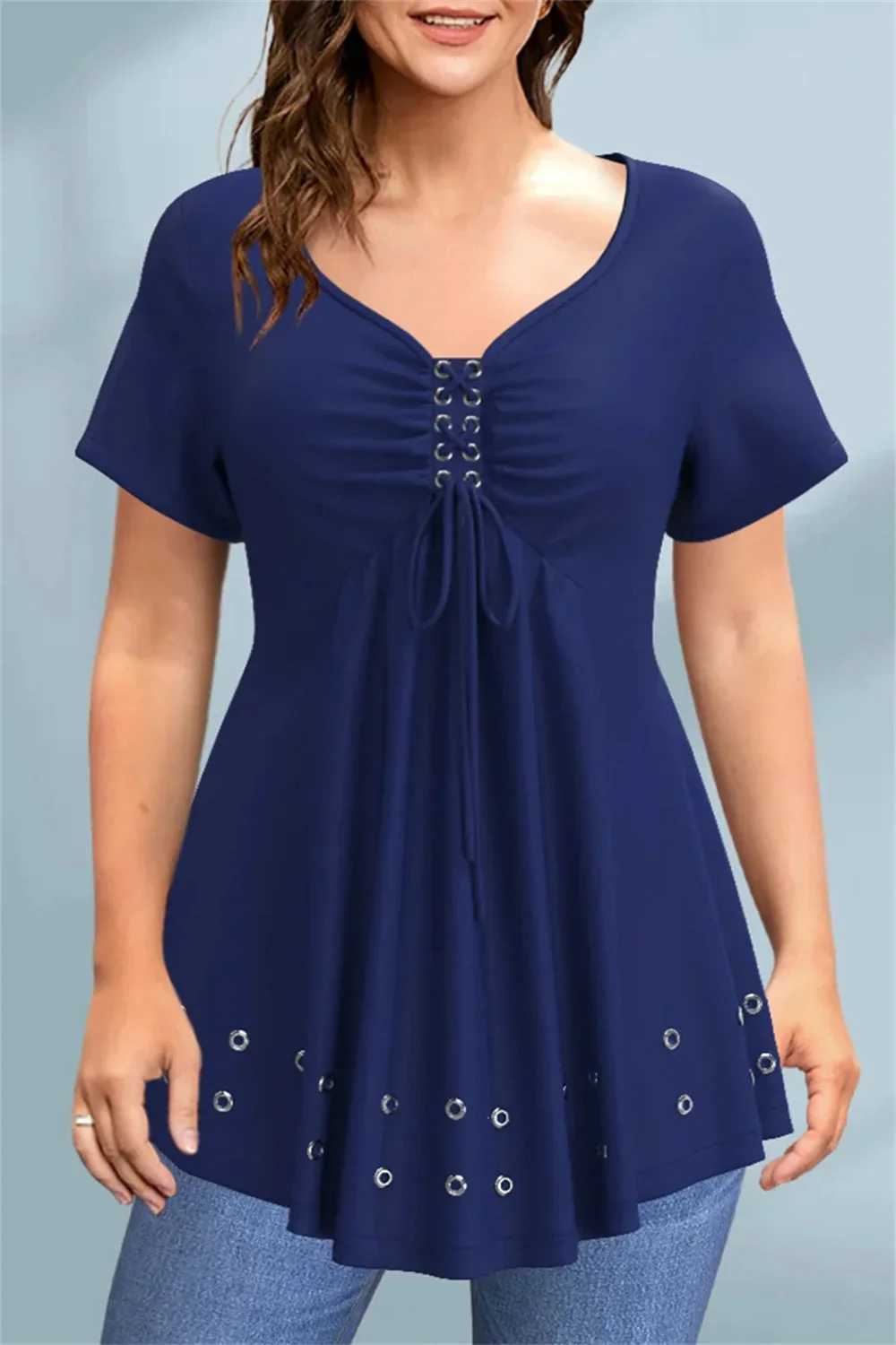 Womens plus size casual T-shirt with V-neck lace pleated edge eye wash soft and loose in summer basic pleats medium elasticity new T-shirt M250108