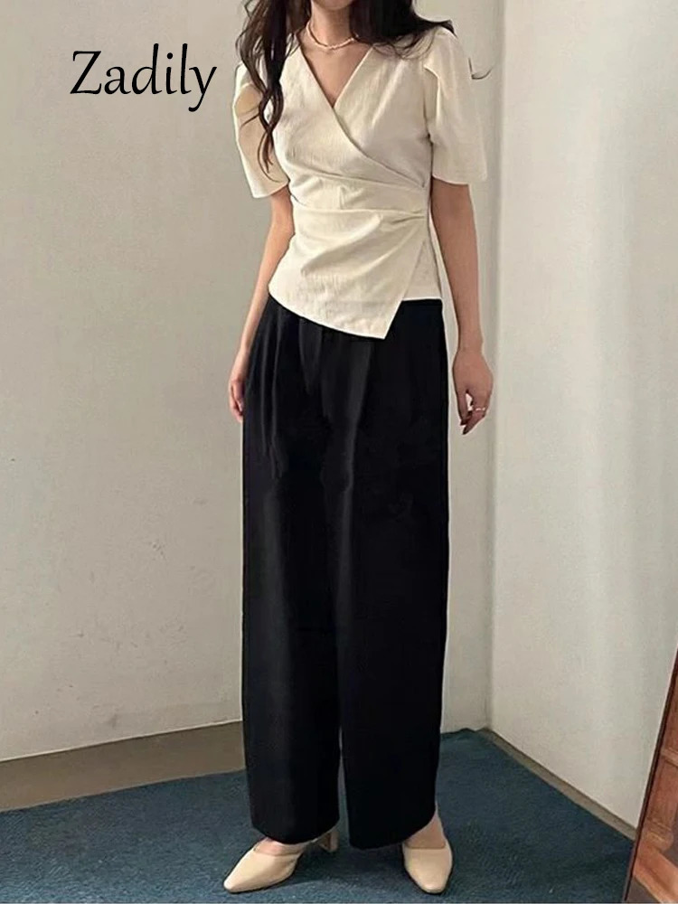 Summer Short Sleeve Women Chiffon Blouse Shirt Korea Style Slim Irregular V Neck Woman Top Casual Asymmetry Female Clothing 250109