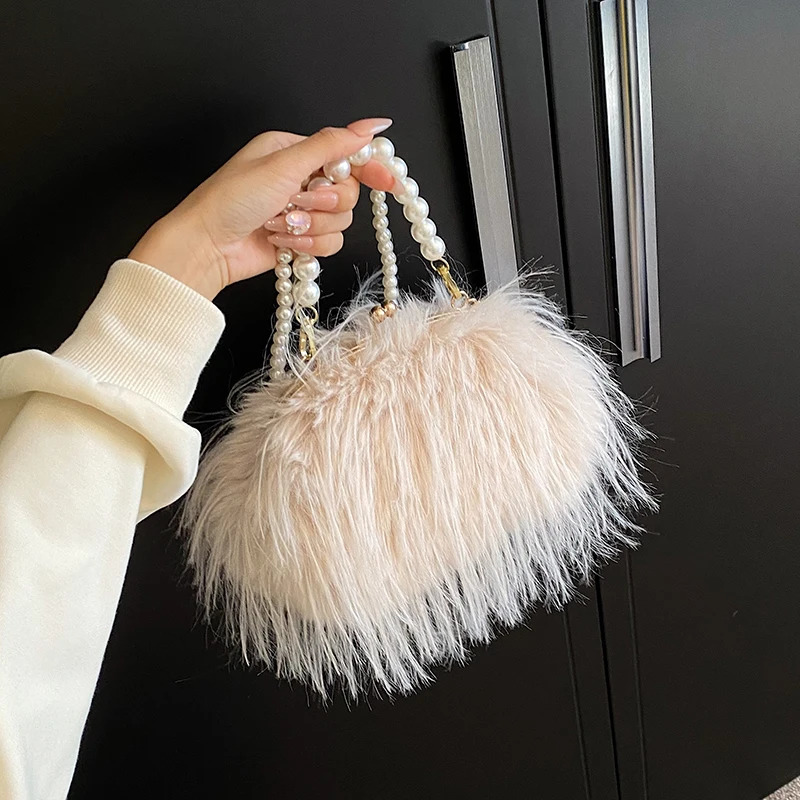 Small Soft Plush Beaded Shoulder Side Bag for Women 2023 Winter Fashion Trend n Handbags Clutch Bags 250107