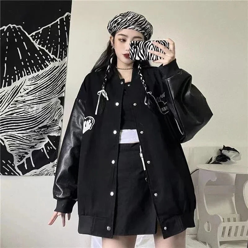 MEXZT Harajuku Black Coat Women Patchwork Bomber Jackets Bf Streetwear Korean Leather Print Oversized Casual Baseball Jacket 250109