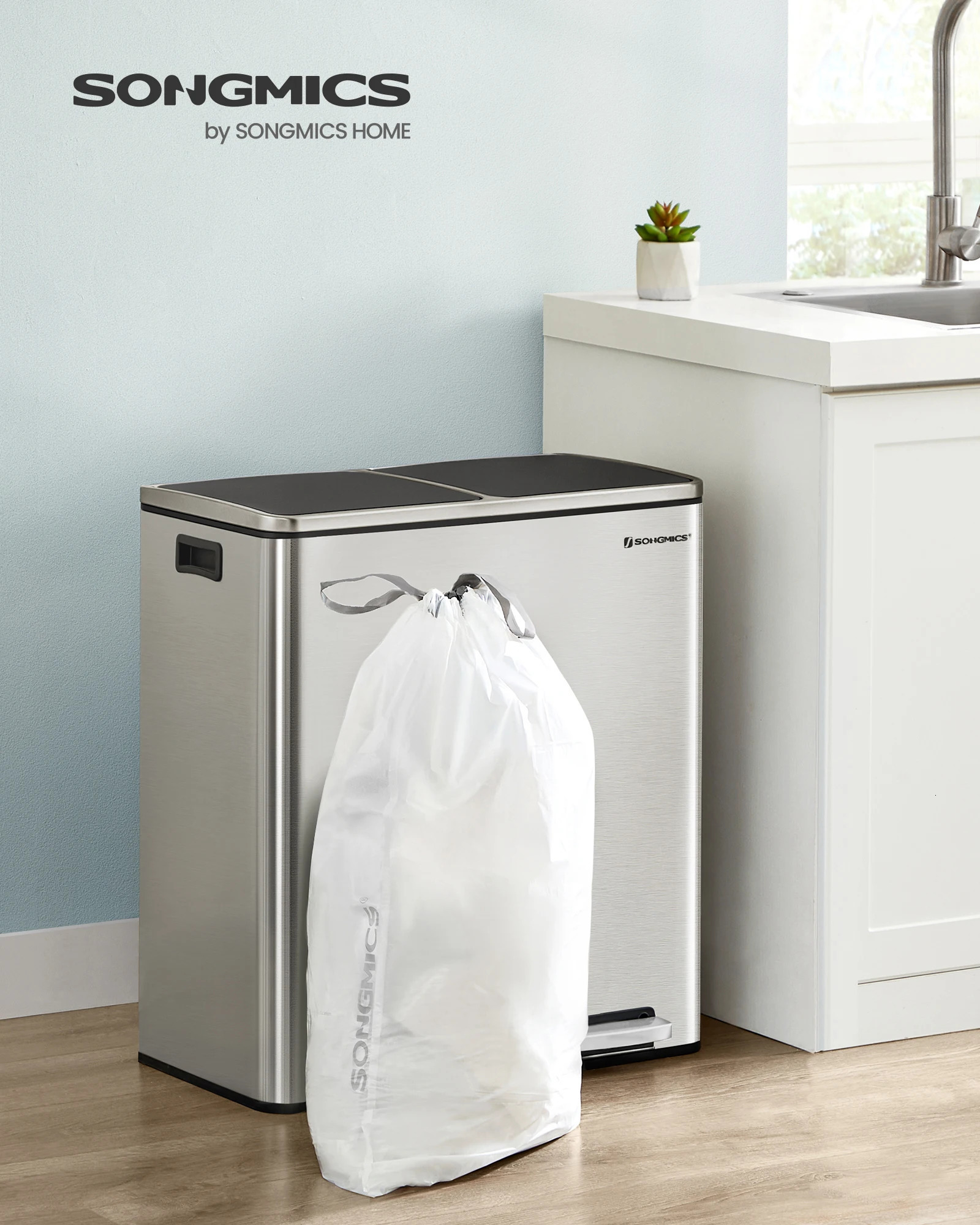 SONGMICS Trash Bags for 8-Gallon 30L Trash Cans 90 Count Drawstring Kitchen Garbage Bags Pre-Separated Liner Code 30A 250106