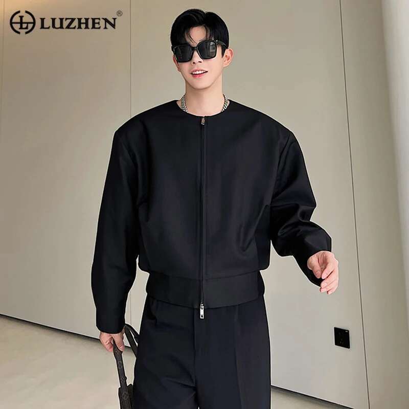 Men Short Jacket Autumn New Niche Design Korean Style Collarless Double Head Zipper Suit Coat Personality Clothing