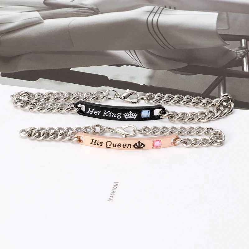 2pcs Fashion Couple Bracelets His Queen Her King Pendant Stainl Steel Bracelets Surprise for Boyfriend GirlfriendXJ250109