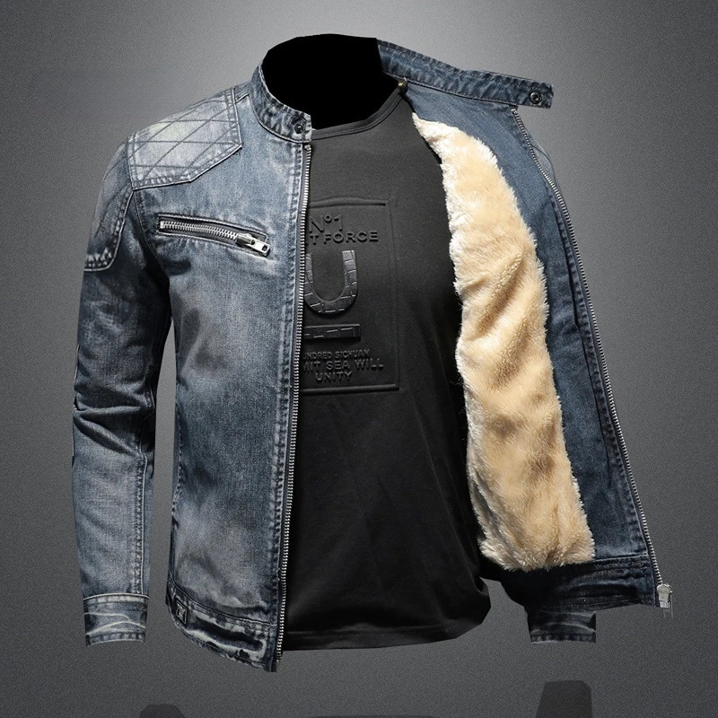 2023 Denim Jacket Mens Mock Neck Zipper Slim Fit Blue 250107