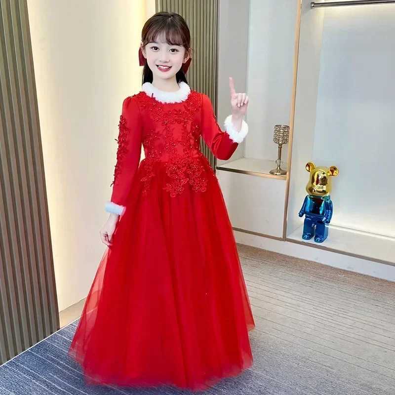 Fashion Children Evening Dresses Mesh Lace Long Sleeve Warm Girls Princess Dress Winter Kids Bridesmaid Dresses 4-14 YearsXJ250108