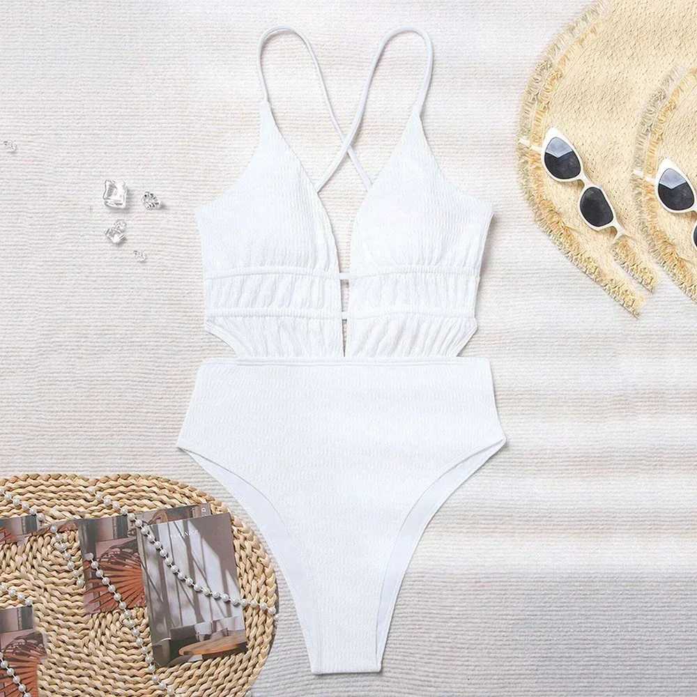 Sexy Black Ribbed ss Swimwear Woman 2024 One Piece Swimsuits String Cross Swimming Wear Bathing Suit Bathers BodysuitXJ240108
