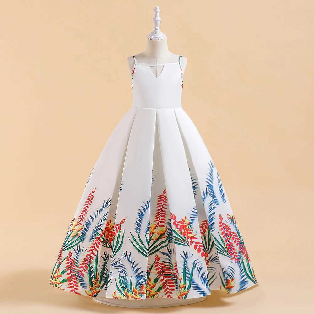 Elegant Flower Par Dresses For Girls Children Summer Long Suspenders Print White Princess Dress Girl Wedding Ball Gown CostumeXJ250108