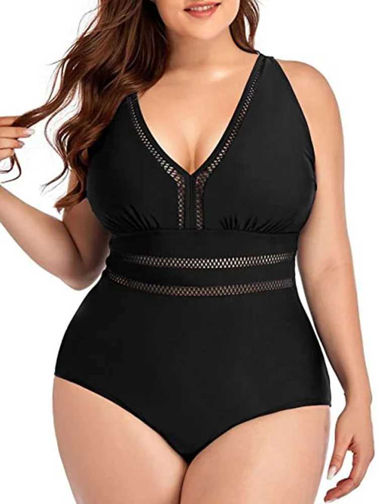 Plus Size Swimsuit Women 2023 Swimwear One Piece Tankini Large Size Solid Color Swimming Sport Mesh Stitching Bikini BathingXJ240108
