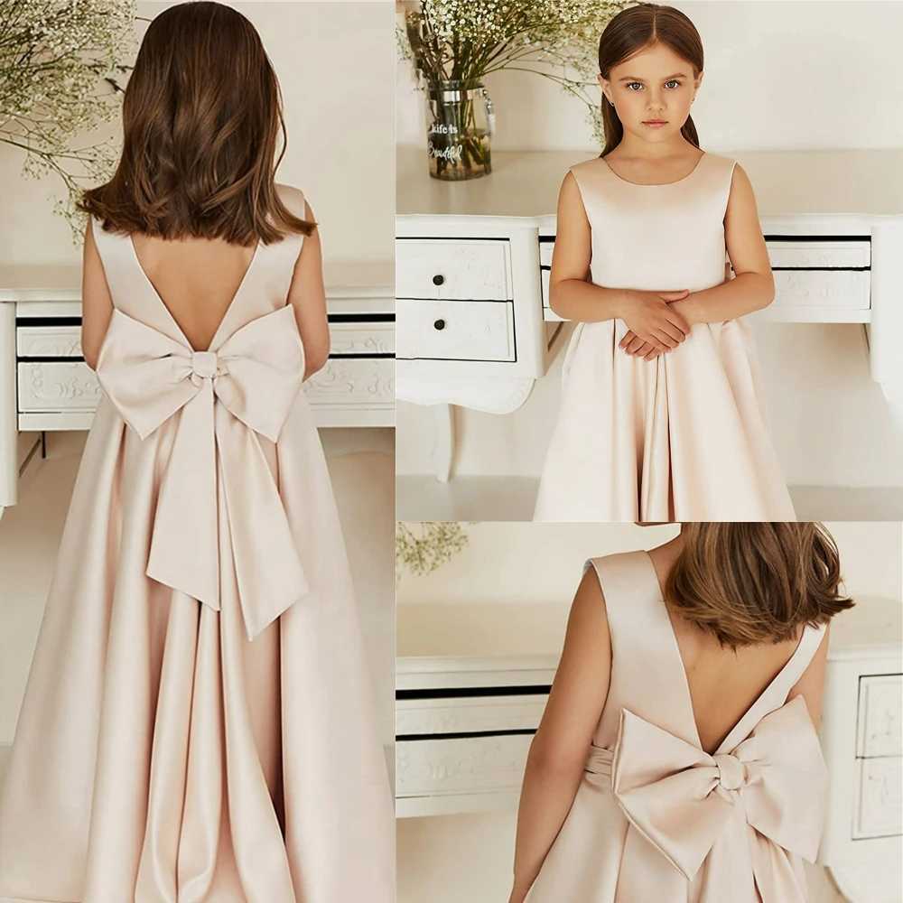 Satin Lovely Sleeveless Fluffy Bow Belt Flower Girl Dress Princess Ball First Communion Dresses Surprise Birthday PresentXJ250108