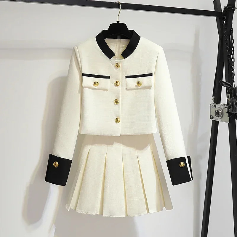 Korean Fashion Two Piece Sets Womens Outifits Autumn Long Sleeved Stand Up Collar Women Coat High Waist Slim Pleated Skirt 250109