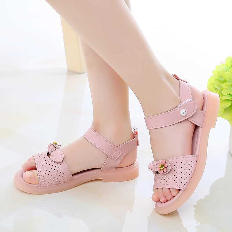 2024 New Girl Sandals Hollow Bow Flower Cute Childrens Fashion Princess Casual Shoes Platform Summer Hook and Loop Soft Edition W250108