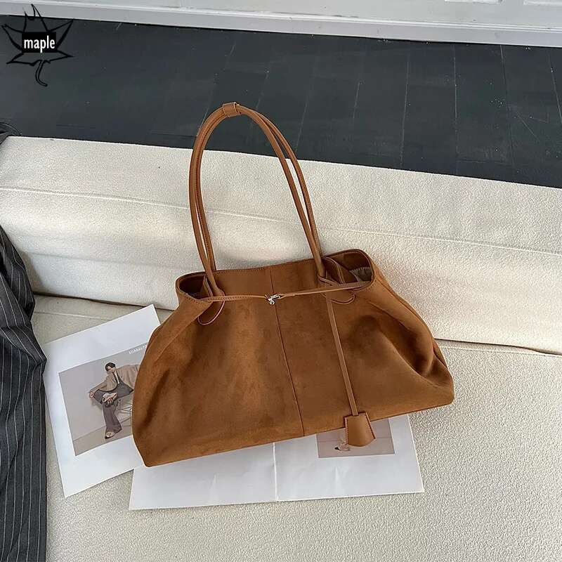 New 2025 Large Capacity Women Tote Deep Coffee Color Matte Cow Leather Suede Female Handbag Change Shape Armpit Bag