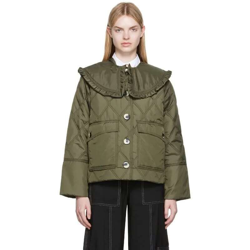 Peter Pan Collar Plaid Quilted Jacket For Women, Loose Outerwear, Pockets Parkas, Winter Clothes, New Fashion