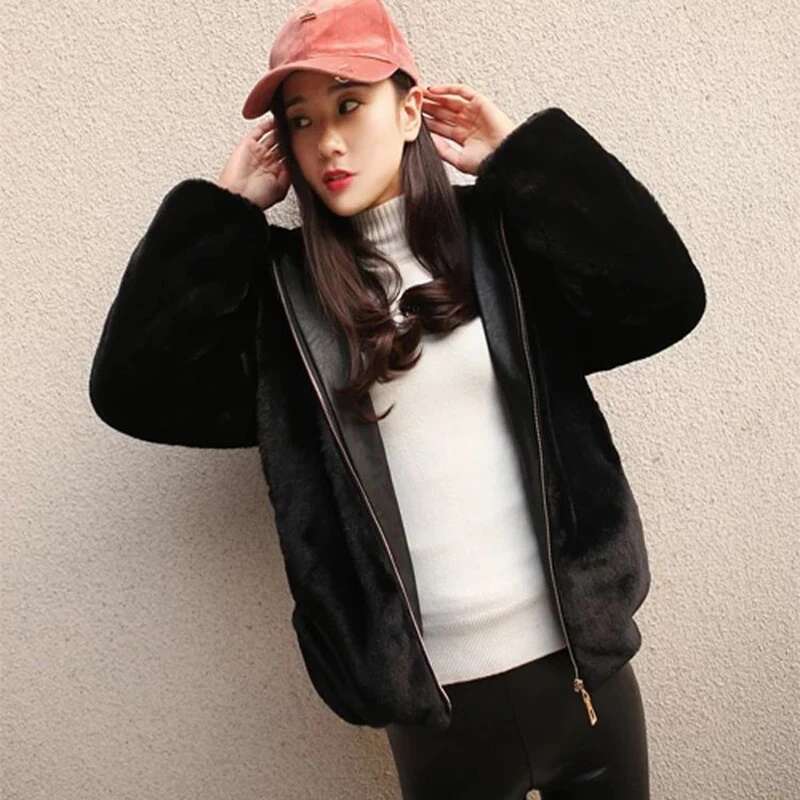 Lucyever High Quality Rabbit Hooded Coat Women Black Faux Fur Jacket Female Winter Zip Thick Warm Furry Coats