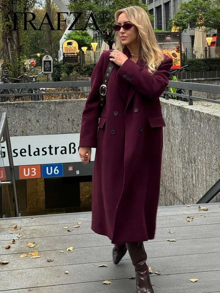 Women Elegant Bury Woolen Coat Double Breasted Turn Down Collar Windbreaker Jacket Fashion Lady High Street Outerwear