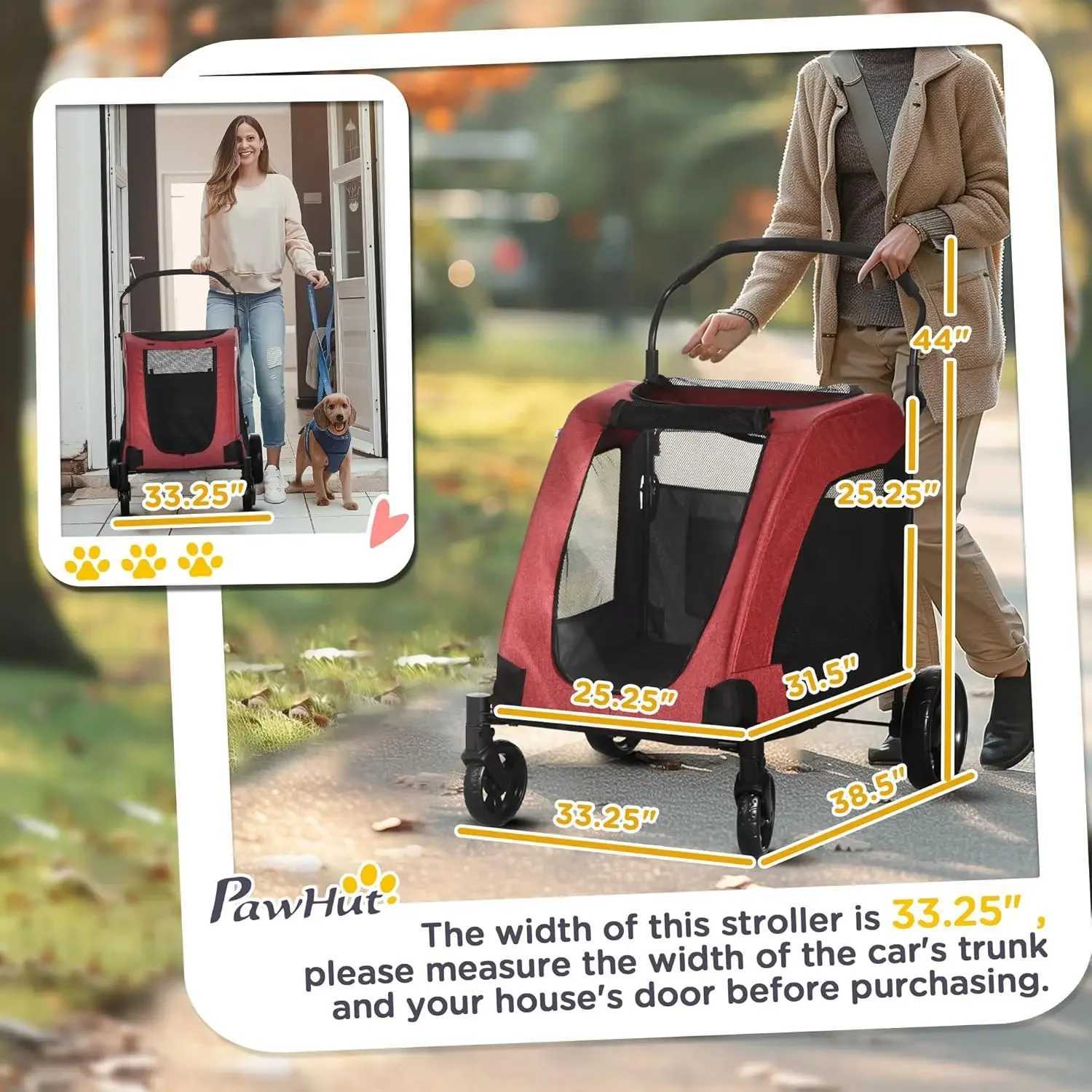 Dog stroller suitable for medium and large dogs 4-wheel folding pet cat stroller with universal wheels storage basket safety belt W250109