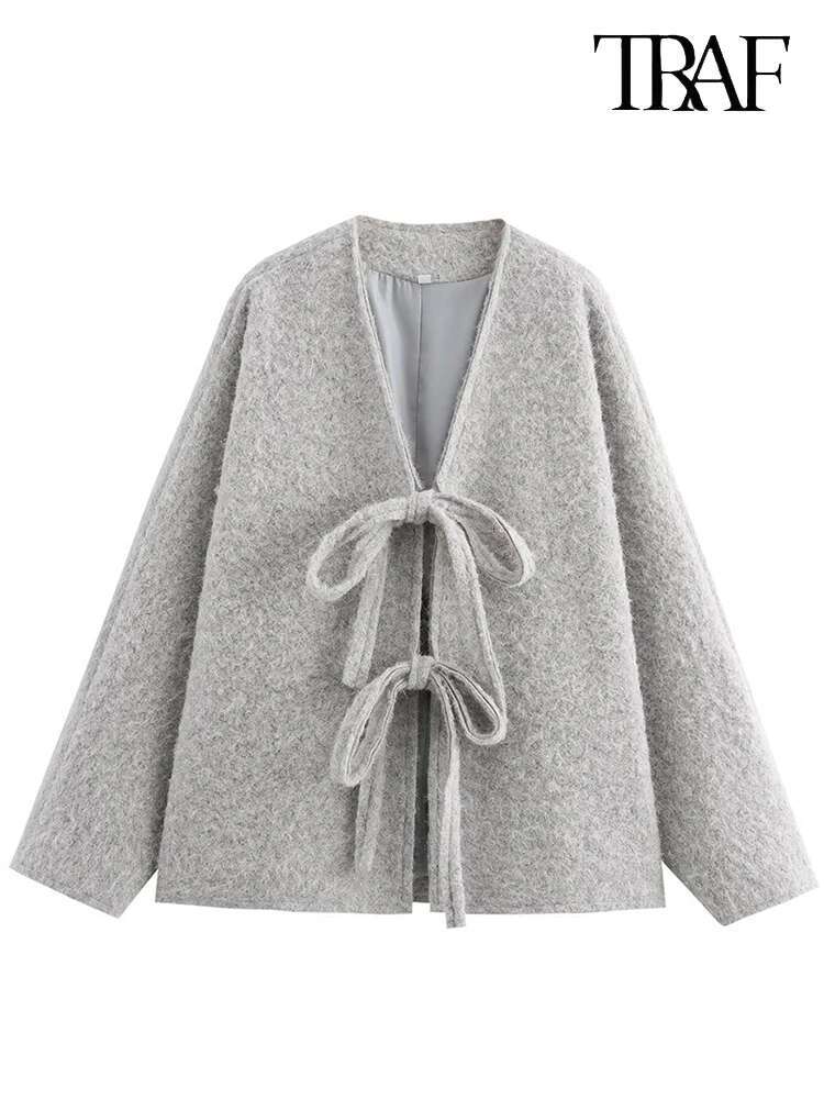 TRAF Women's Fashion 2024 Fall Winter In Europe And The United States New Loose Casual Solid Color V-Neck Tie Jacket