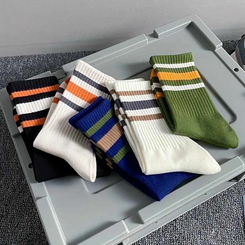 5 Pairs Mens Colorful Striped Casual Socks Fashionable Sports Sweat Absorbing And Breathable Suitable For All Seasons 250108