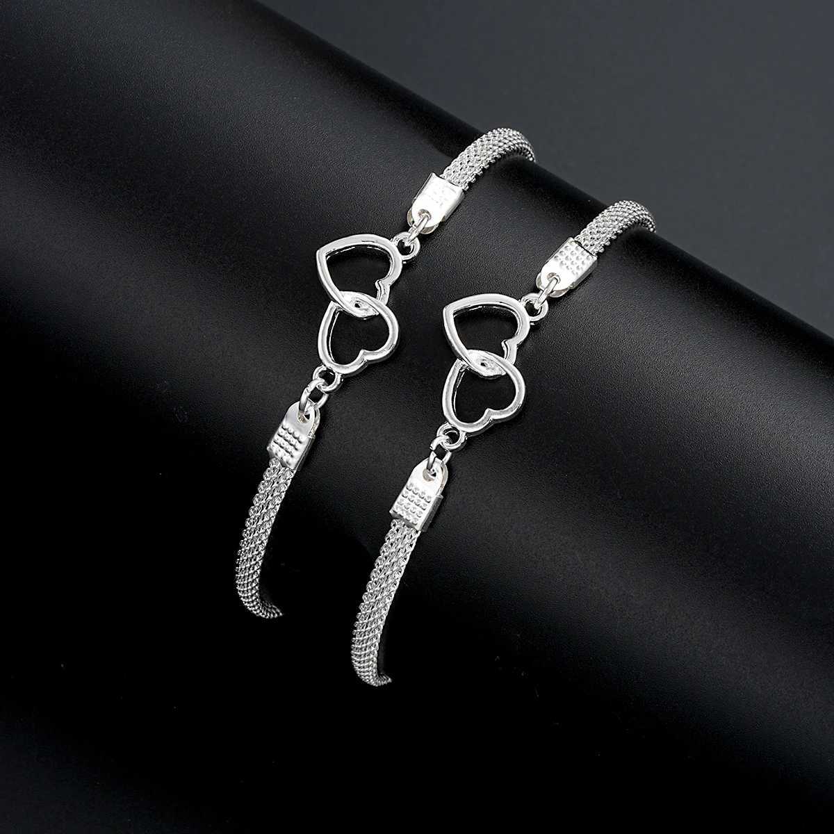 2 Pcs Set Heart Couple Bracelets for Women Men Silver Color Double Layer Matching Chain Bracelet r Jewelry GiftXJ250109