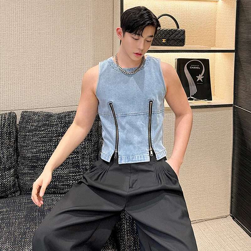 Zipper Splicing Design Fashion Denim Sleeveless Vests Personalized Trendy Street High Quality Men's Tank Tops
