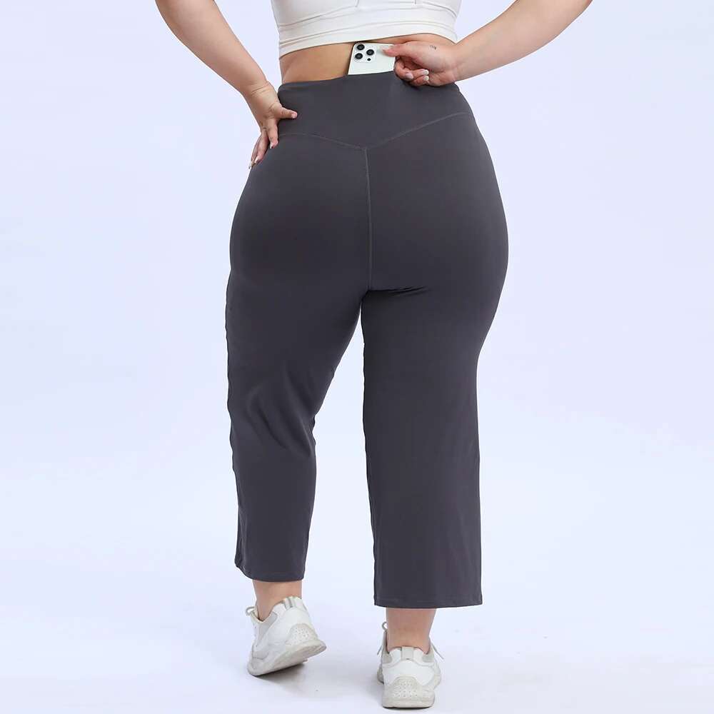 Vnazvnasi Nylon Plus Size Women Yoga Middle Waist Wide-Legged Trousers With Pockets 2 Sides Fiess Seven-Minute Pants