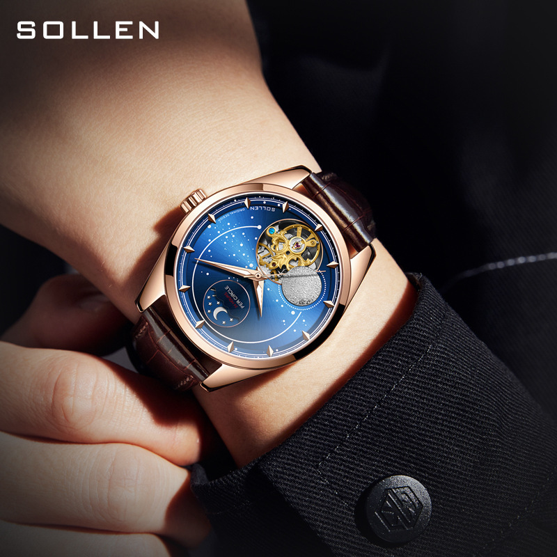 Men's Star Moon Design Mechanical Watch with Leather Strap