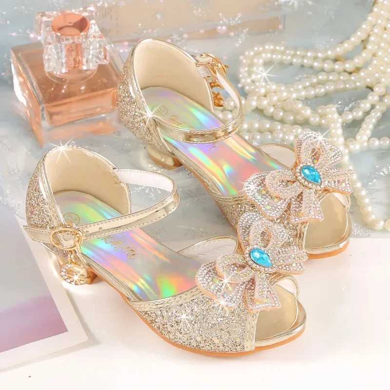 Summer girls sandals with heels fashionable rhinestones sparkling shoes childrens princess bow pearl dance shoes W250108