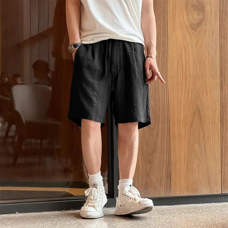 Vintage Solid Elastic Waist Mens Casual Shorts Summer Drawstring Pocket Sports Loose Trendy Straight Black Beach 250109