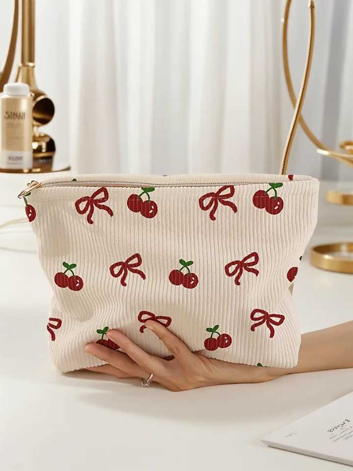 1 piece Corduroy zipper makeup bag with pink butterfly pattern lightweight multifunctional makeup storage bag W250109