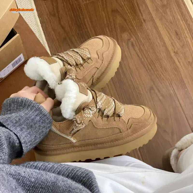Women's Cotton Shoes Winter Classics Lace Up Suede Wool Warm Snow Ladies Comfortable Fur Thick Sole Ankl Boots Botas Mujer ddmykukumalu