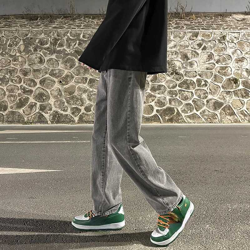 Solid jeans mens high waisted retro streetwear mens pants pockets wide leg jeans straight stretch jeans washed denim springs M250109