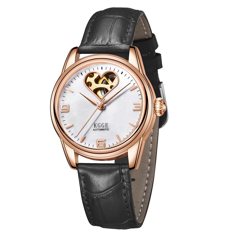 Elegant Women's Automatic Watch with Luminous Skeleton Dial and Genuine Leather Strap