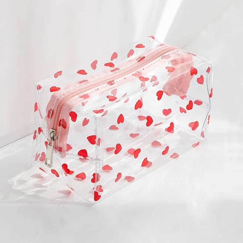 Kawaii Cute Transparent Makeup Bag Large Capacity Portable 2022 New Printed Fruit Heart Pattern Pencil Box Makeup Storage Bag W250109